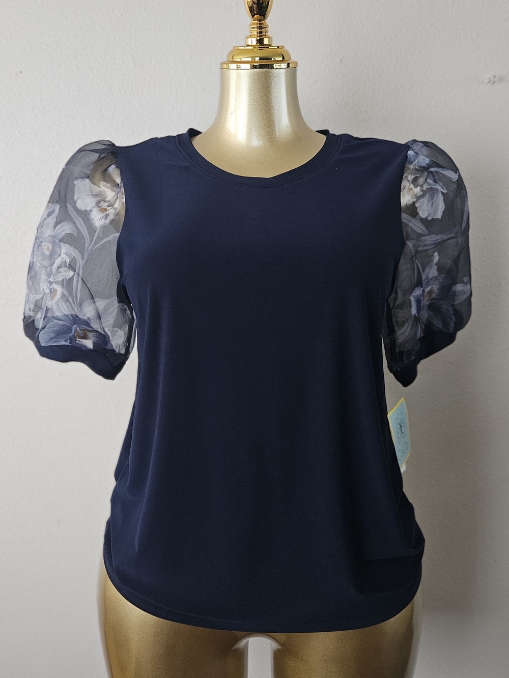 CeCe Navy Top with Sheer Floral Puff Sleeves